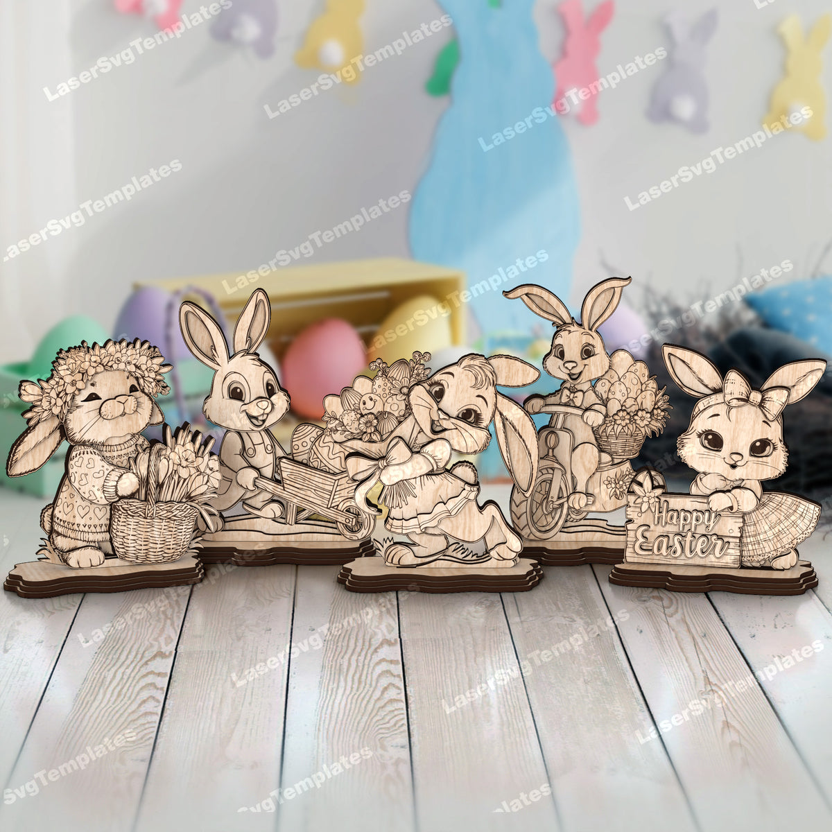 5 Easter bunny decorations laser cut svg file