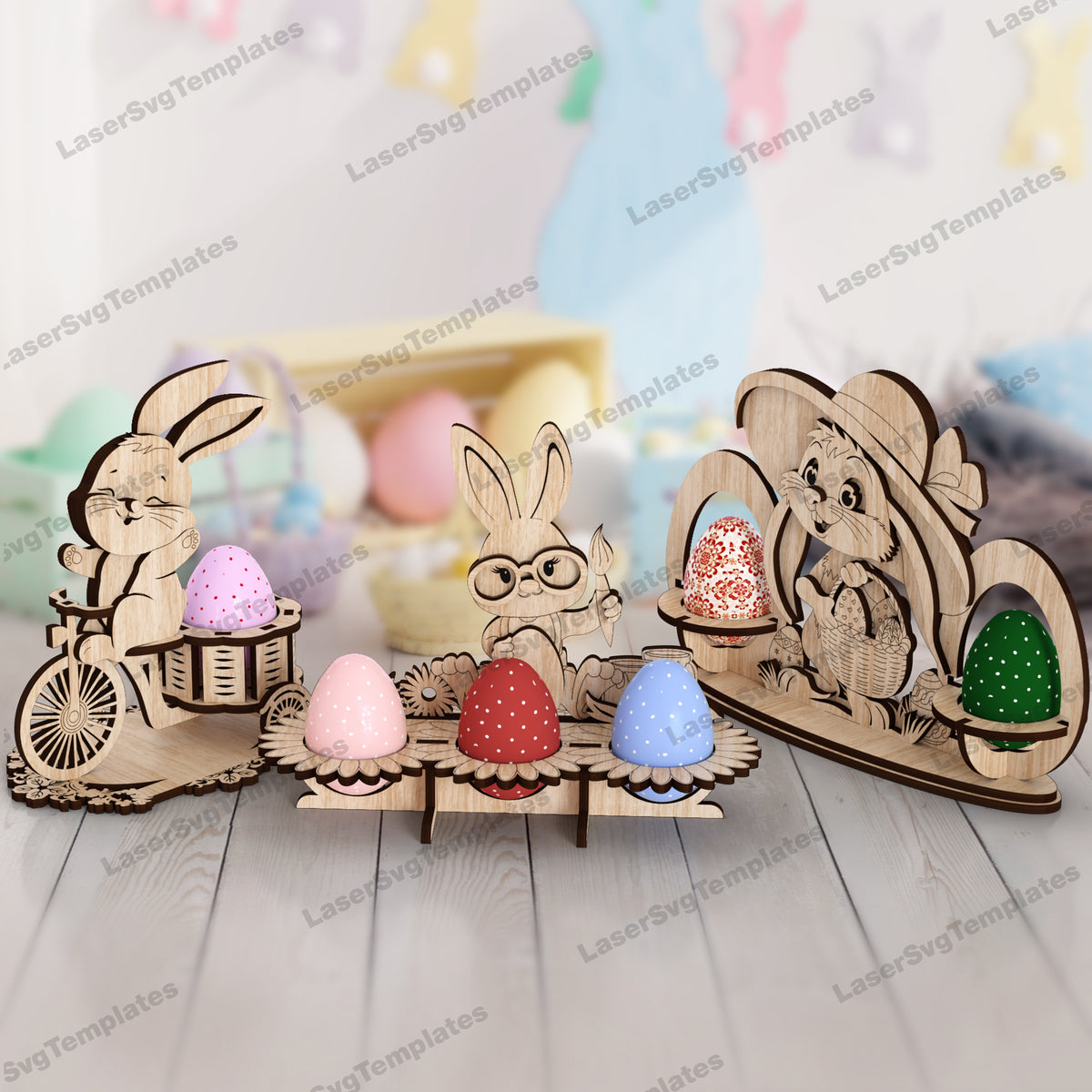 Laser cut Easter bunny egg holder 3 bundle svg file | LaserSvgTemplates
