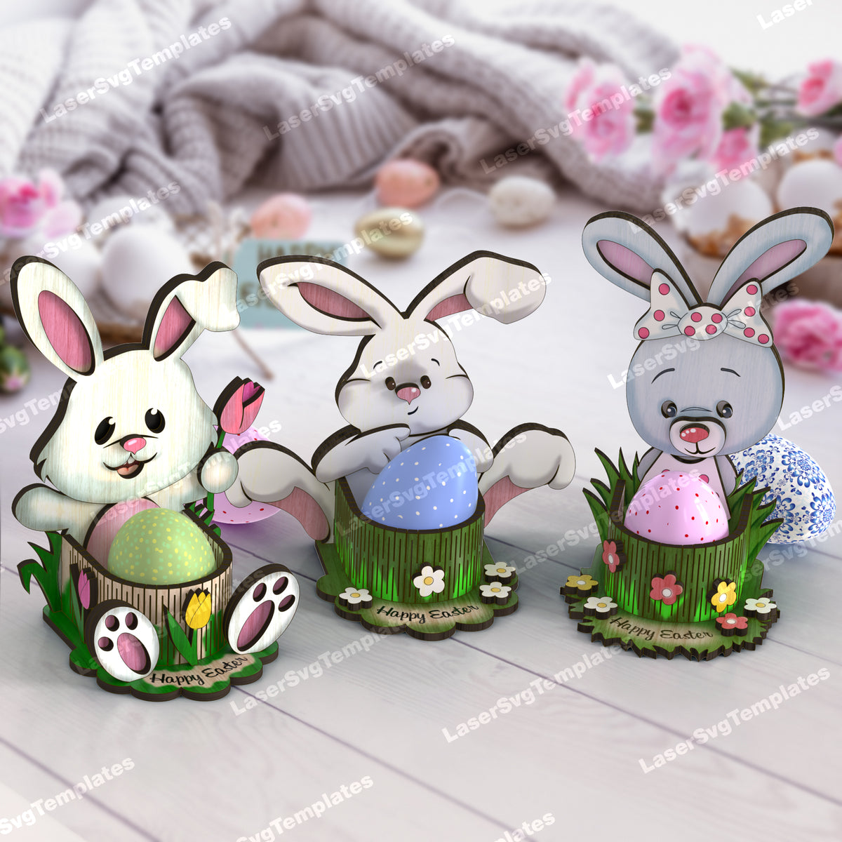 Laser cut Easter bunny egg holder 3 bundle svg file | LaserSvgTemplates