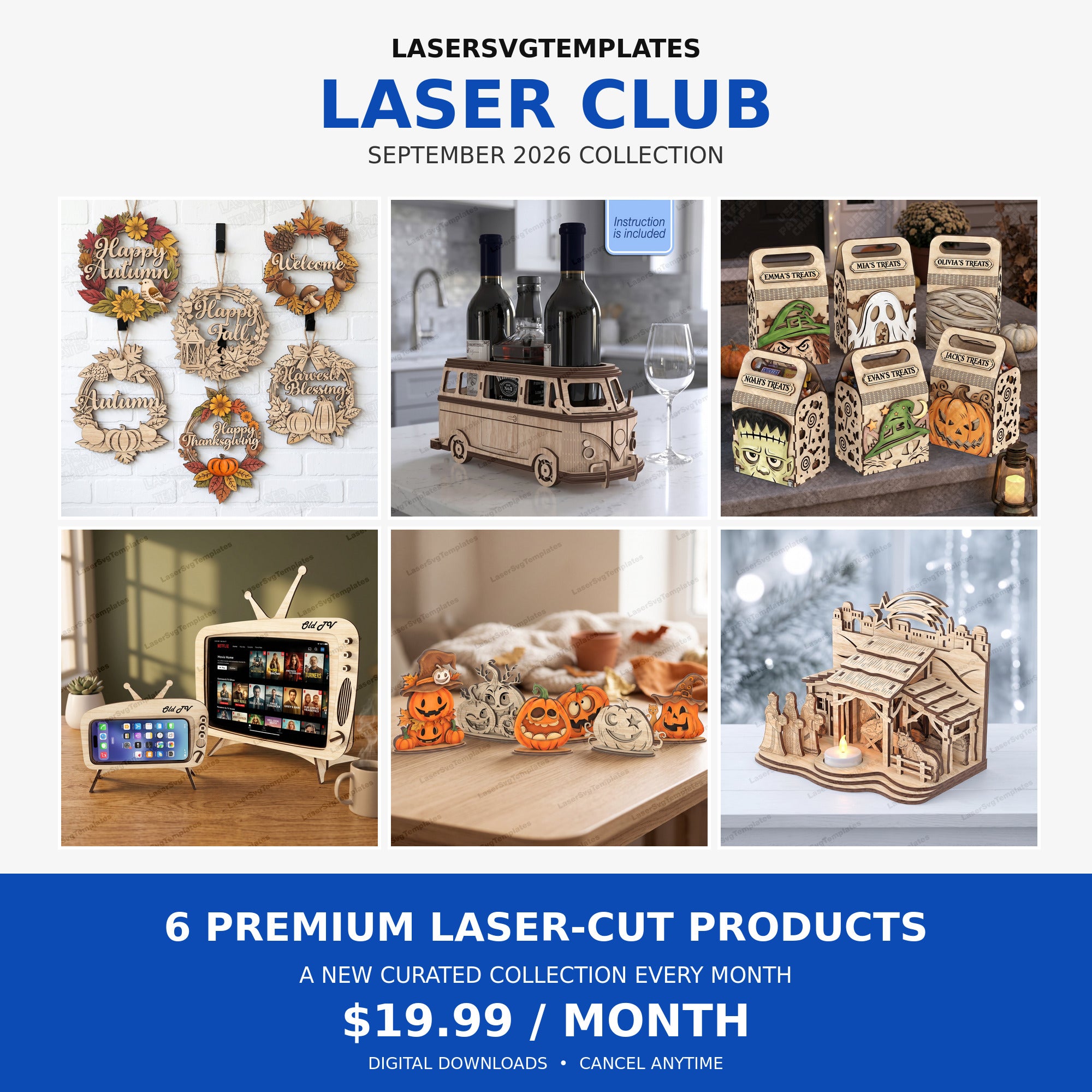 Laser Club September 2026 monthly subscription with 6 digital laser-cut products for $19.99