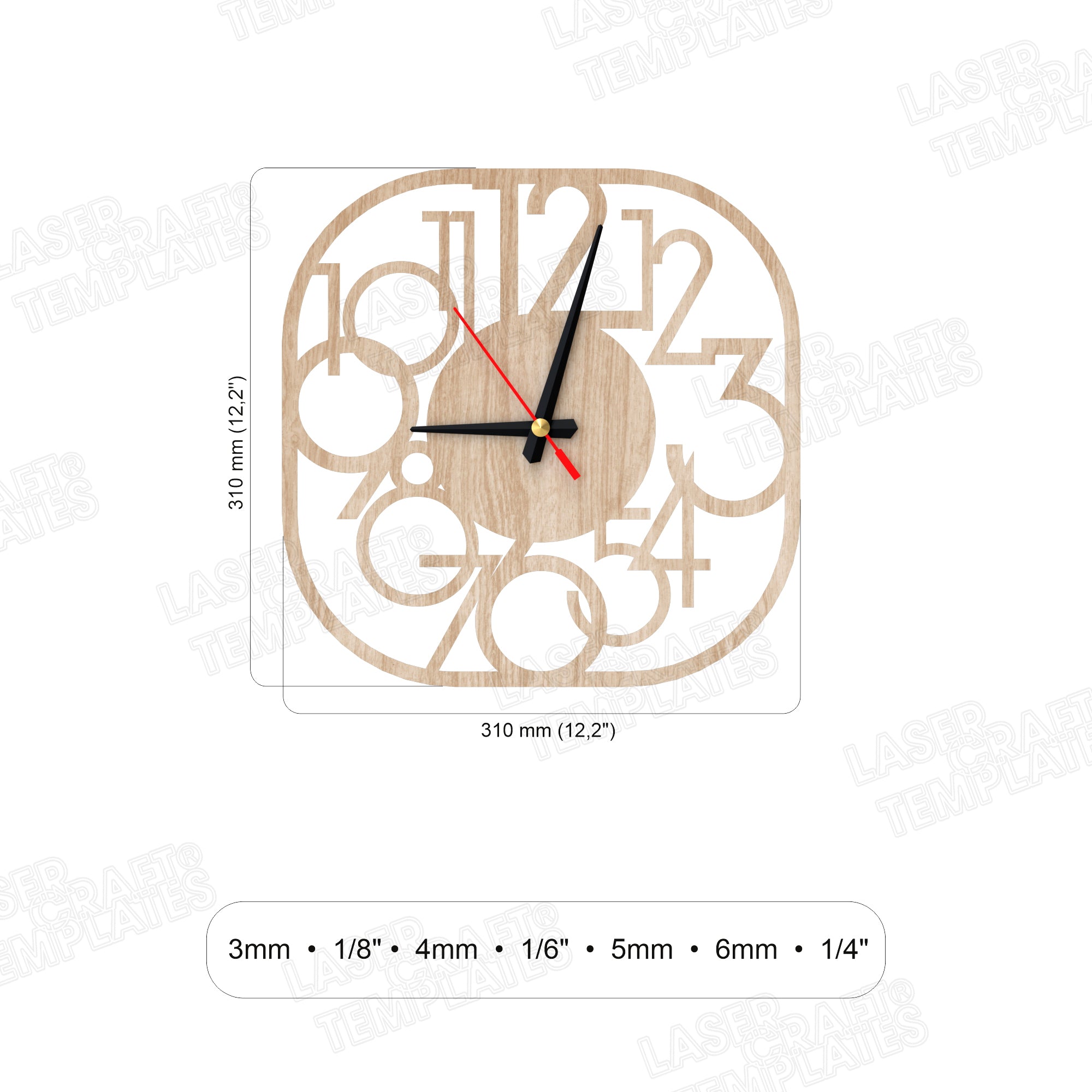 Modern numbers square wall clock laser cut svg file