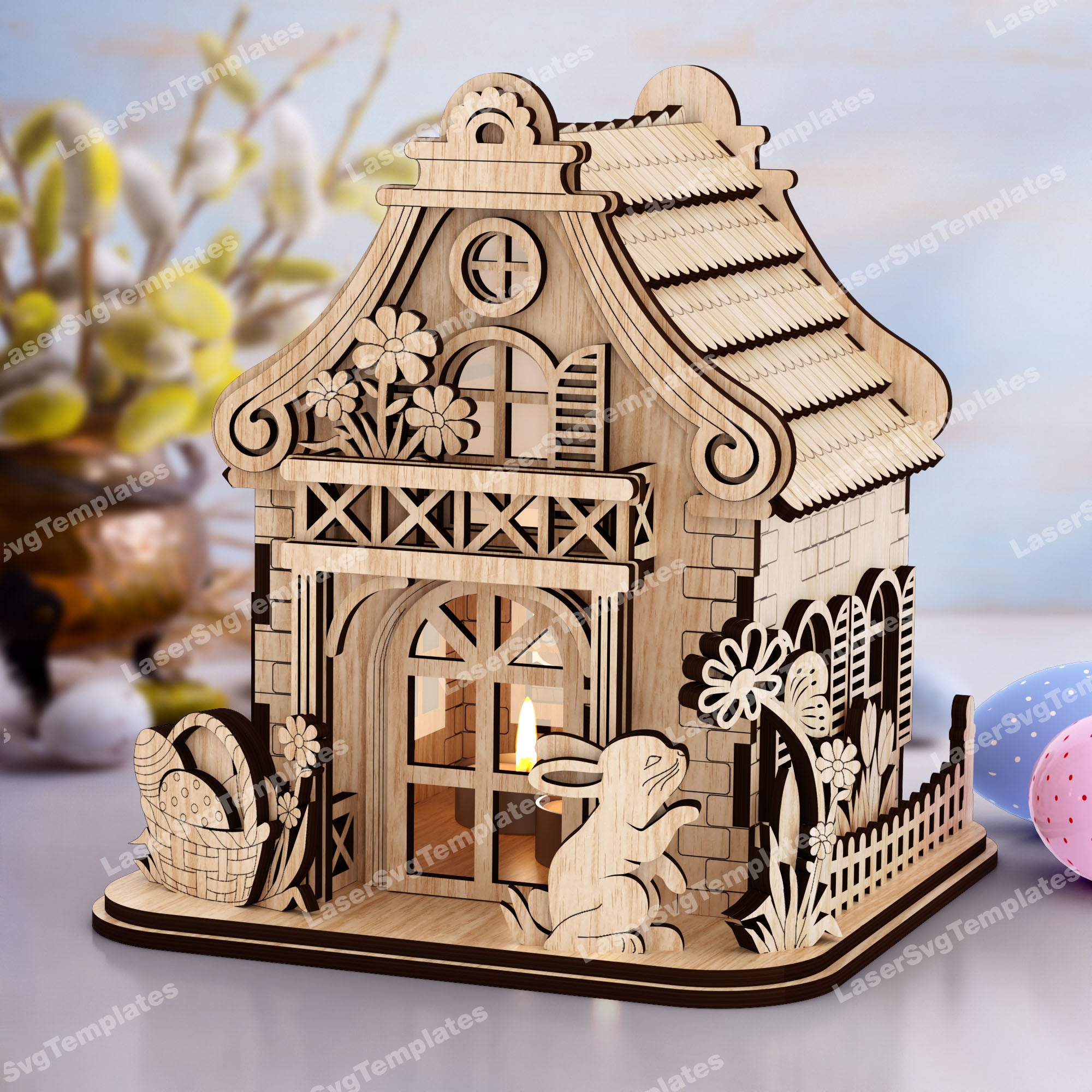 Easter bunny house candle holder laser cut svg file