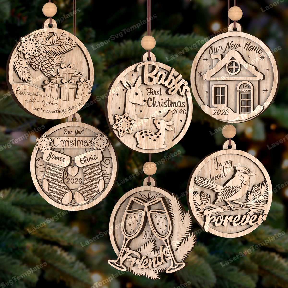 Weihnachten 2026 Ornamente 6 Bündel 3 Schichten lasergeschnittene SVG-Datei