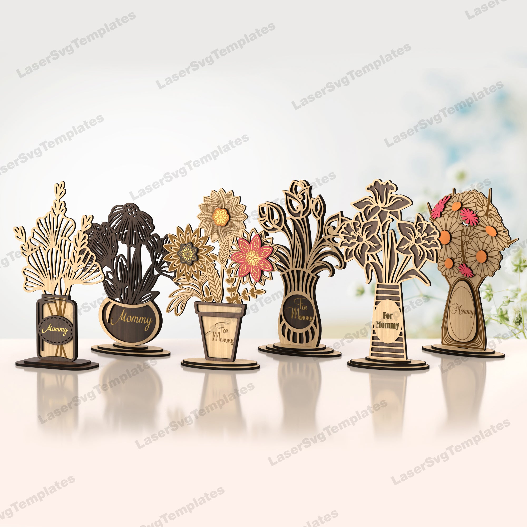 Decorative wooden vase flowers 6 bundle table decor laser cut svg file laser svg template