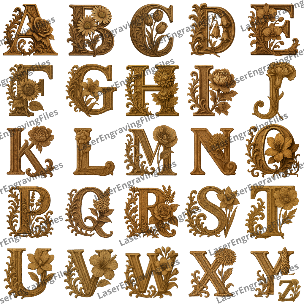 Large Letter Laser Files Floral alphabet letters laser engraving png file SVG | LaserSvgTemplates