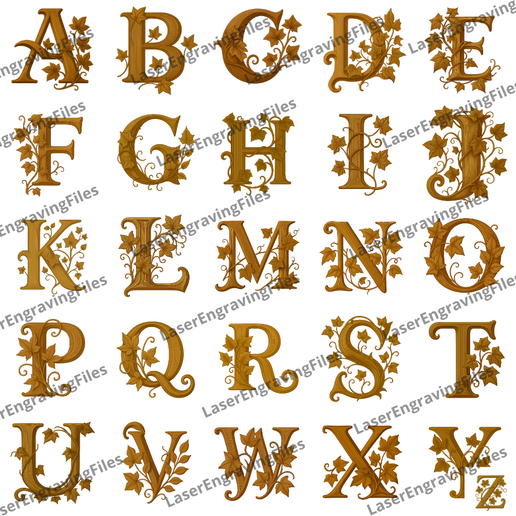 Gothic Ivy alphabet letters laser engraving png file