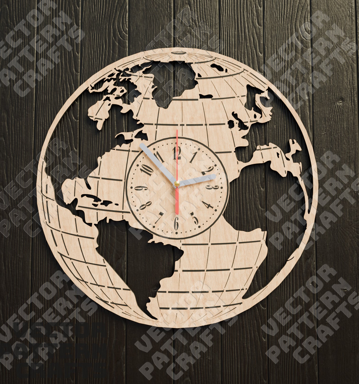 Laser cut wooden wall clock world map svg template
