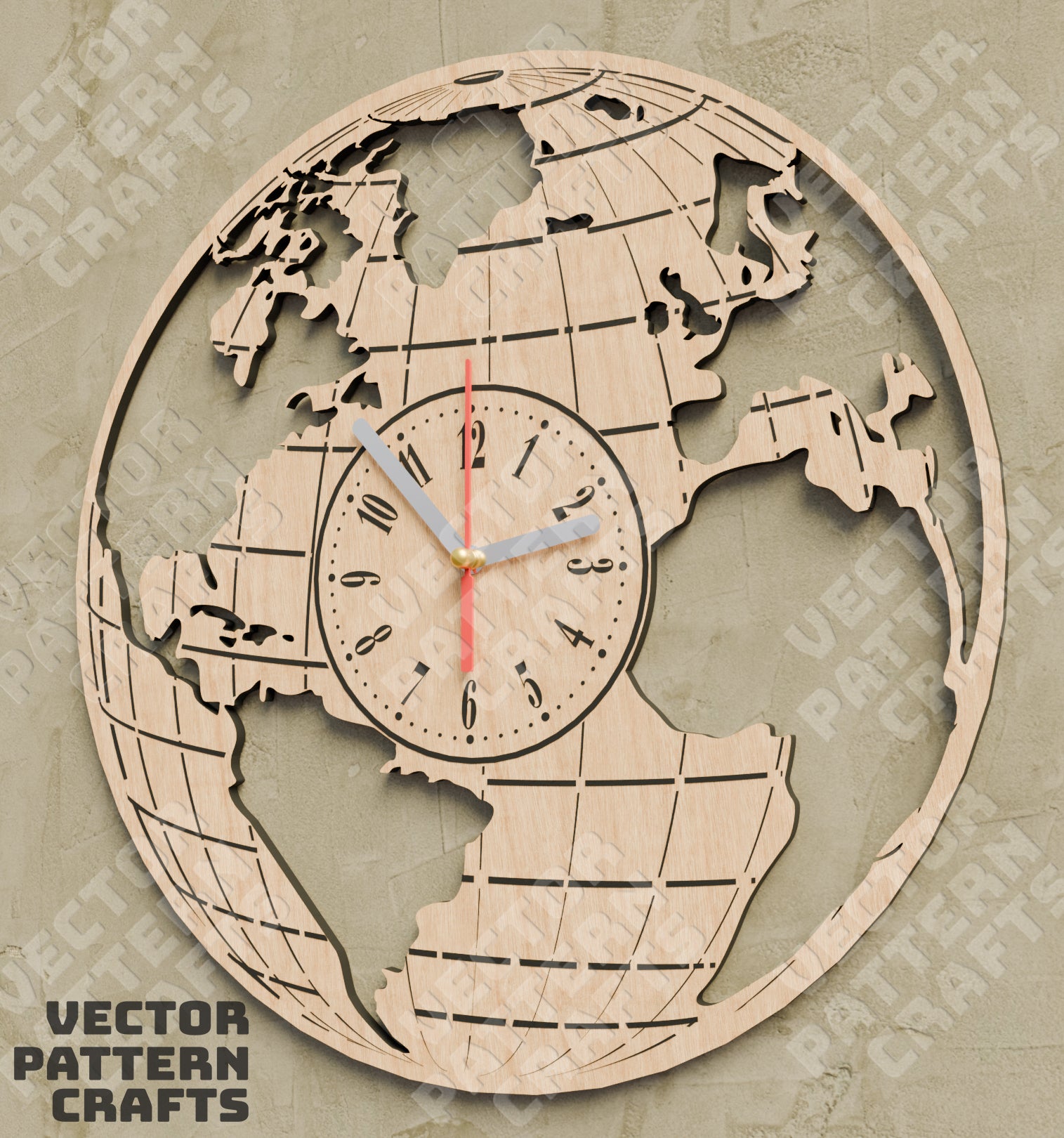 Laser cut wooden wall clock world map svg template