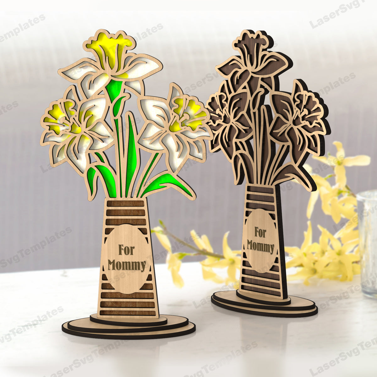 Laser cut wooden vase flowers table decor svg file