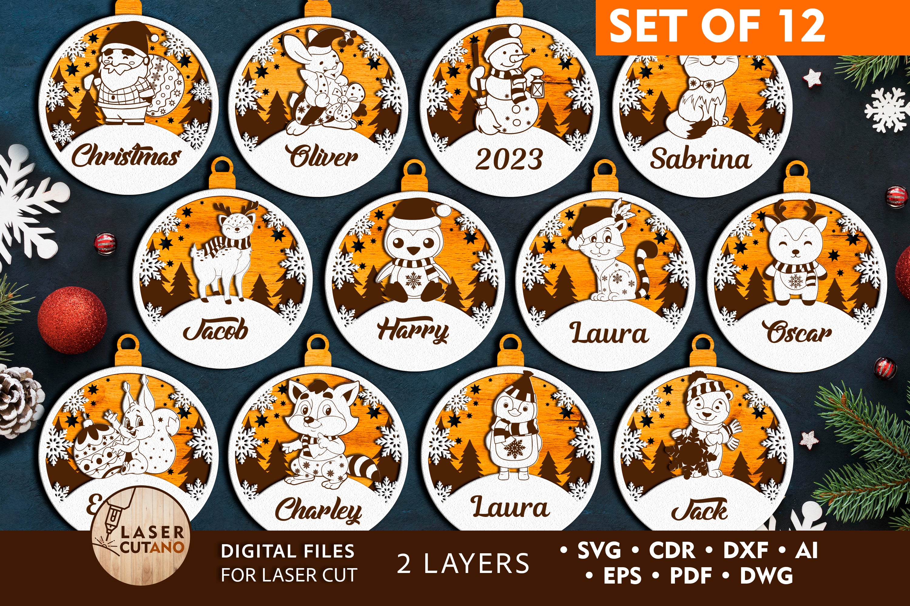 Christmas Ornaments 12 Bundle Laser Cut Svg File