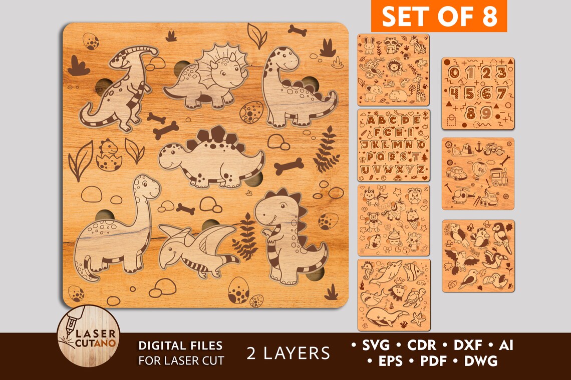 Set of 8 Educational Kids Multilayer Puzzles Laser Cut Files