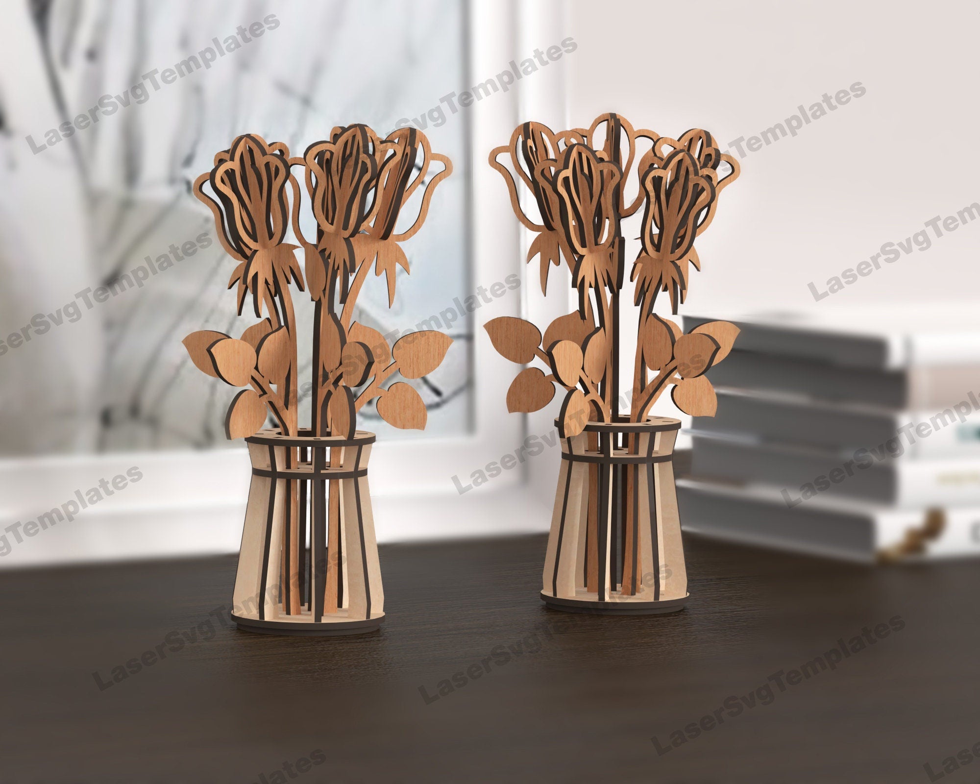 Laser cut Rose flowers vase table decor svg file
