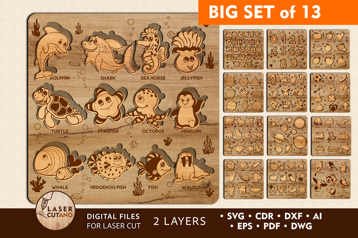 Set of 13 Puzzles for Kids Laser Cut Files SVG | LaserSvgTemplates