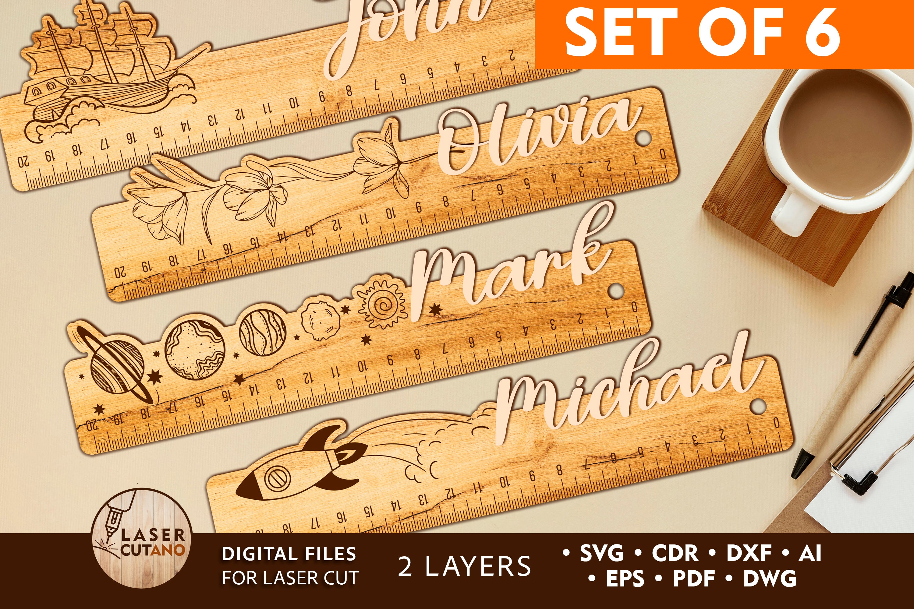 Custom Names School Rulers 6 Set Laser Cut Files
