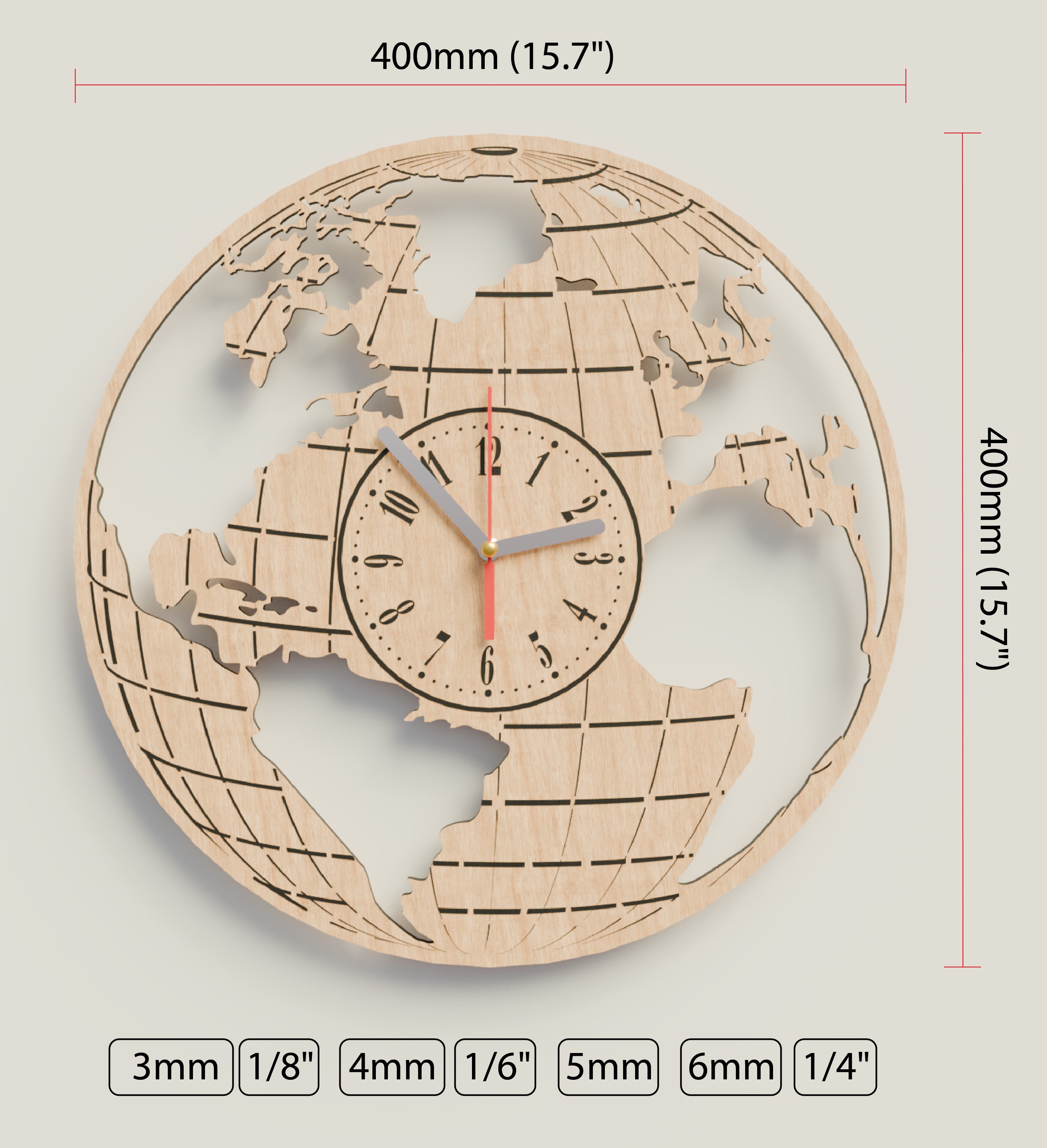 Laser cut wooden wall clock world map svg template